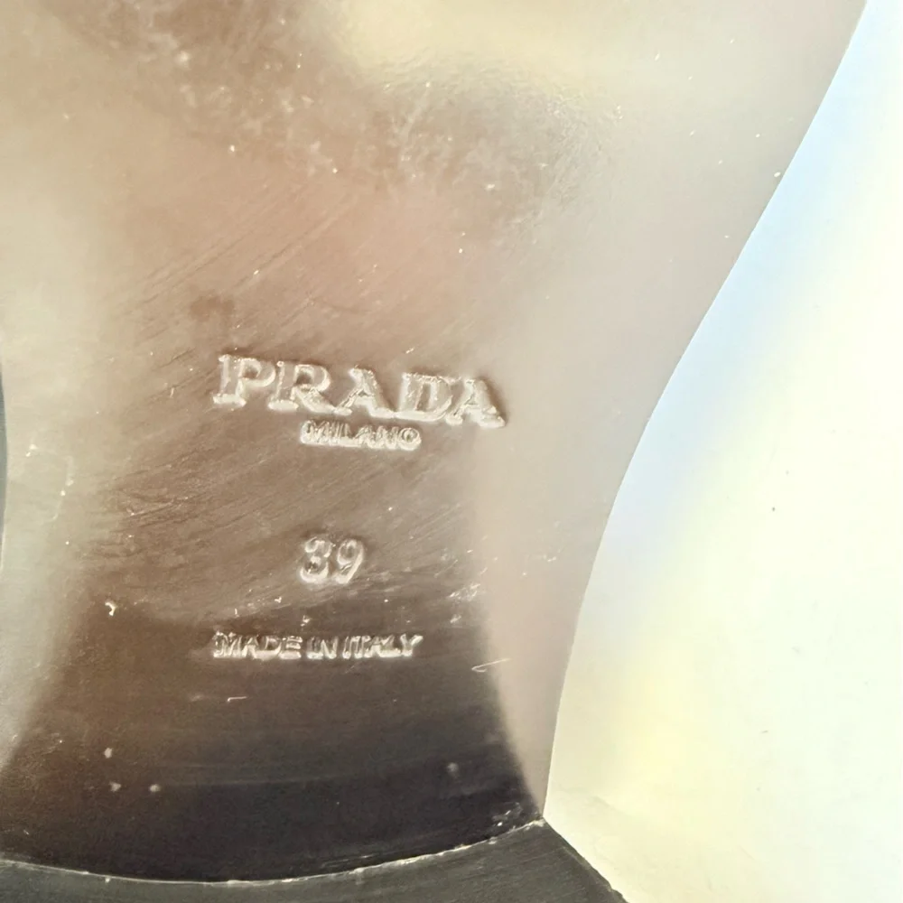 Prada Milano Black Leather Brogue Chelsea Ankle Boots Block Heels EU 39